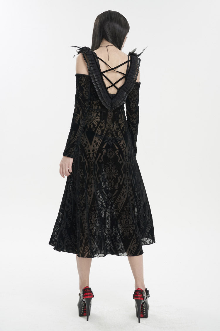 Black Off Shoulder Ruffled Flocked Print Long Women's Gothic Dress - Product - 5