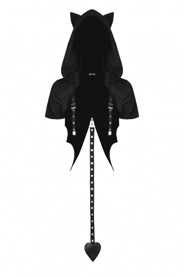 Black Short Sleeves Lace-Up Buckled Women's Punk Cat Ear Hooded Short Cape - Product - 3