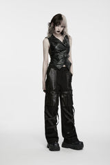 Black Lapel Collar Slim Fit Asymmetric Studded Buckled Zippered Women's Punk Cool Vest - Product - 7