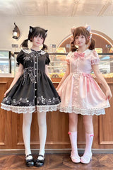 Black [Melody Kitty] Doll Collar Short Sleeves Ruffled Embroidered Bow Lace Sweet Lolita Dress - Product - 4