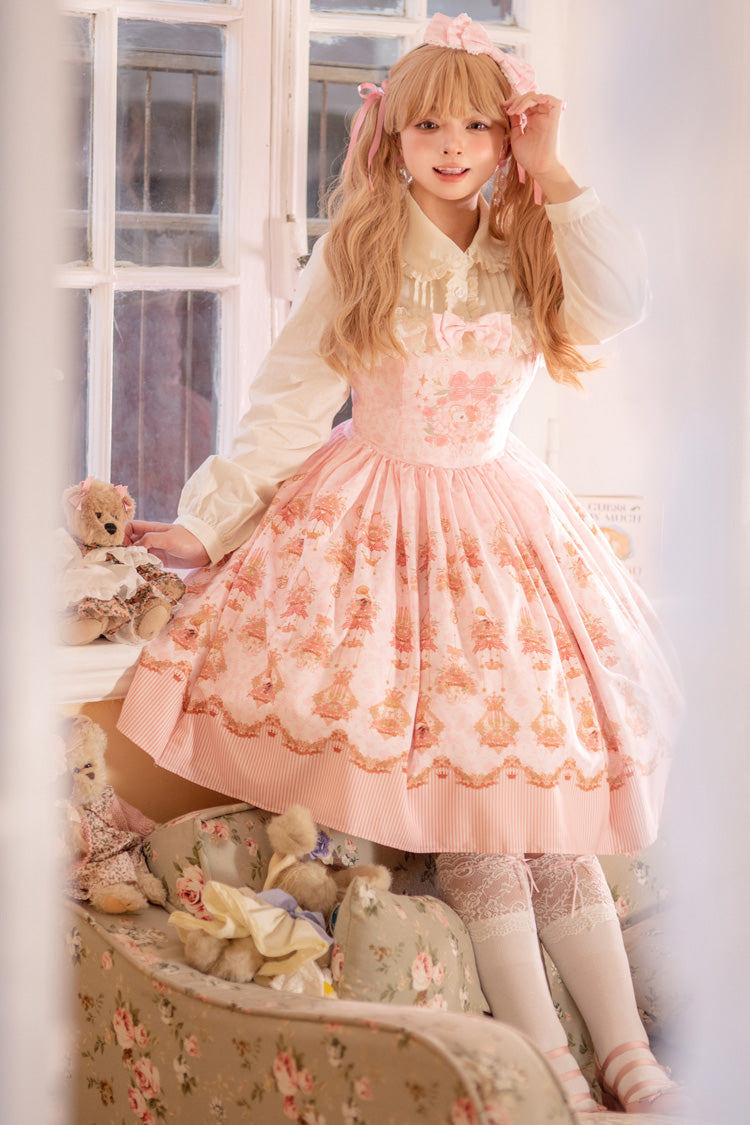 ピンク [Rose Garden Rabbit] プリント フリル リボン スウィートロリータ ワンピース 商品画像