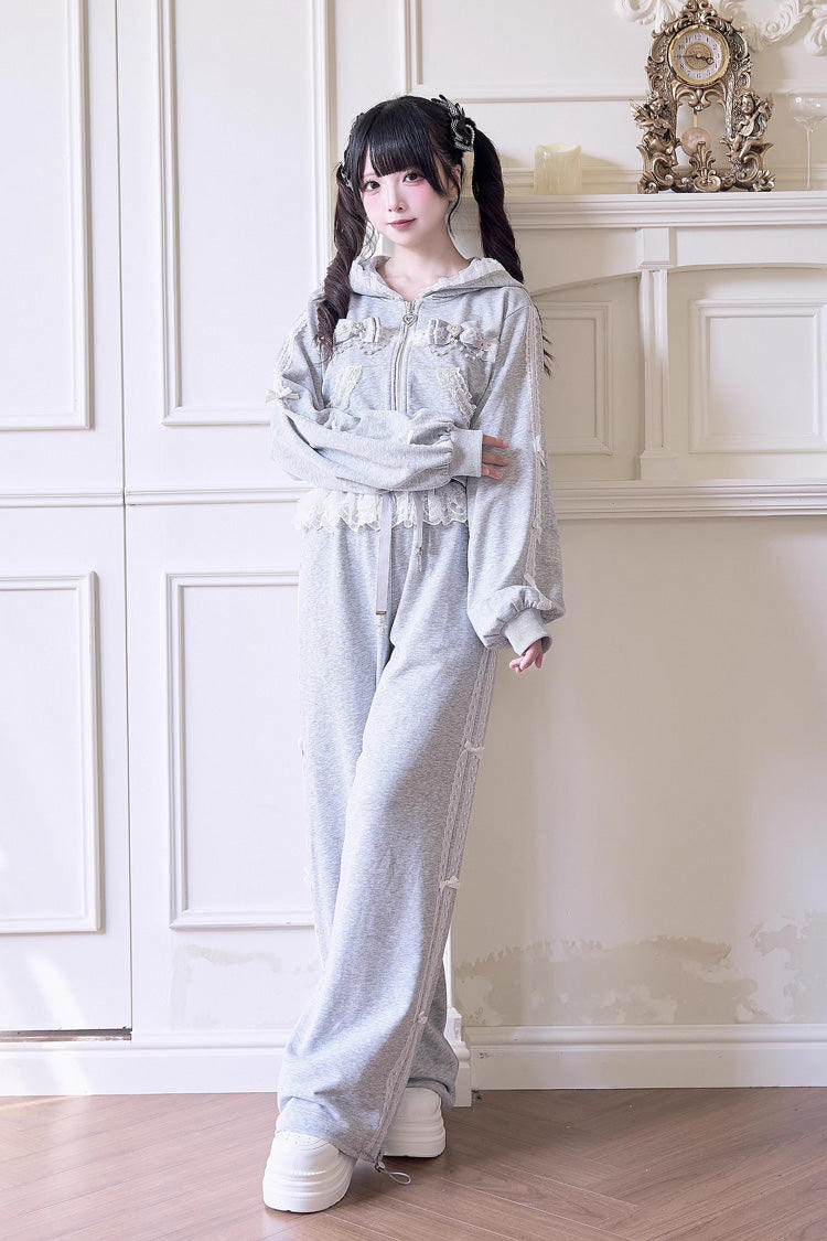 Sweet Long Sleeves Bowknot Lace Hooded Jirai Kei Hoodie Pants Set 3 Colors - Product - 6