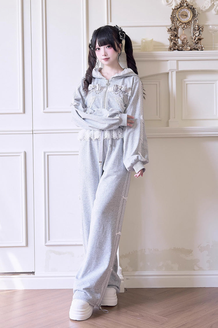 Sweet Long Sleeves Bowknot Lace Hooded Jirai Kei Hoodie Pants Set 3 Colors - Product - 6