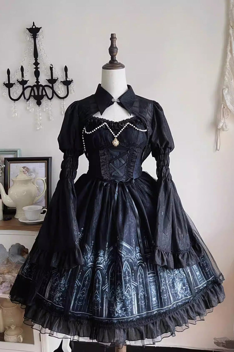 Black Sleeveless Church of Silent Night Print Ruffle Gothic Lolita Jsk Dress - Product - 3