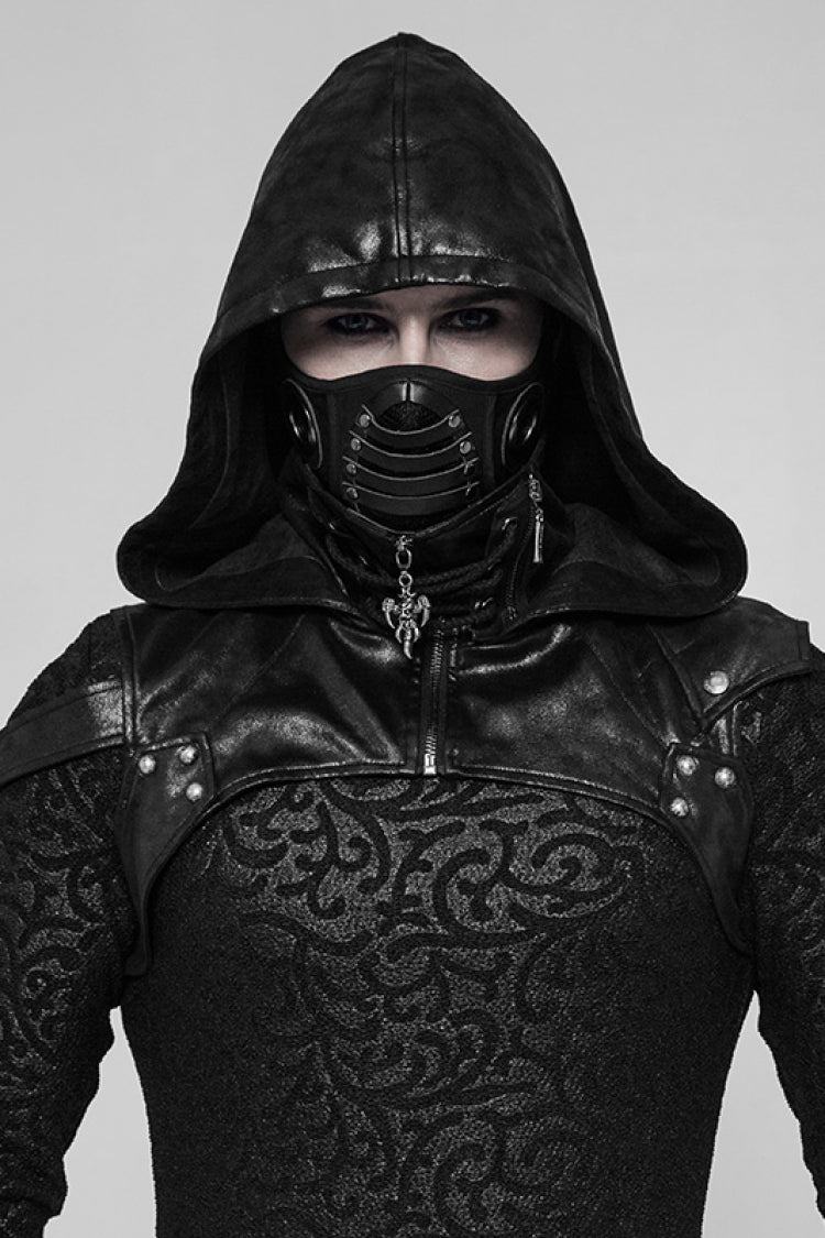 Black Metal Buckle Lace-Up Hooded Men's Steampunk Cape - Black - 1