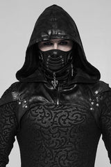 Black Metal Buckle Lace-Up Hooded Men's Steampunk Cape - Black - 1