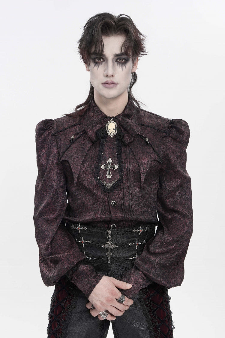 Red Lapel Collar Long Lantern Sleeves Jacquard Bow Men's Gothic Shirt - Red - 1