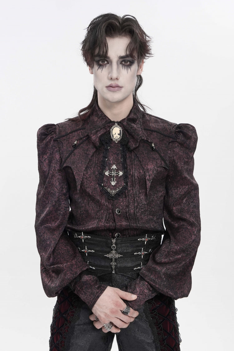 Red Lapel Collar Long Lantern Sleeves Jacquard Bow Men's Gothic Shirt - Red - 1