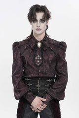 Red Lapel Collar Long Lantern Sleeves Jacquard Bow Men's Gothic Shirt - Red - 1