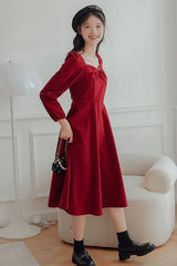 Red French Hepburn Velvet Square Collar Long Sleeves High Waisted Sweet Lolita OP Dress - Product - 4