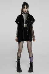 Black Punk Loose Velvet Two Way Split Detachable Long Sleeve Irregular Hem Long Pocket Women's Shirt - Product - 4
