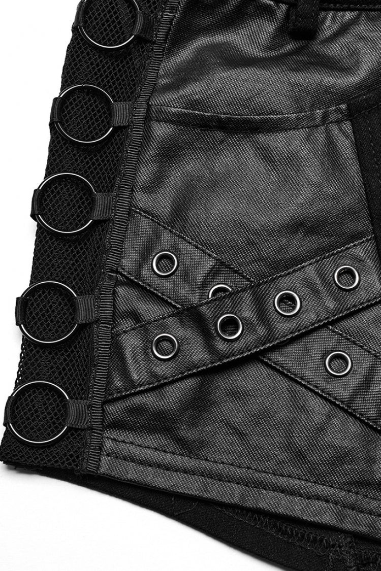 Black Faux Leather Stitching Mesh Eyelet Women's Punk Ring Shorts - Product - 5
