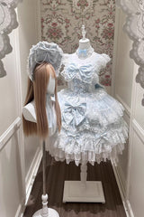 Blue [Sakura Dream Romance] Sleeveless Multi-Layered Ruffled Hanayome Bow Lace Sweet Princess Lolita Jsk Dress - Product - 8