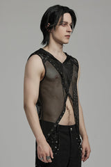 Black Sleeveless Irregular Hooded Mesh Eyelet Men's Punk Vest - Product - 2