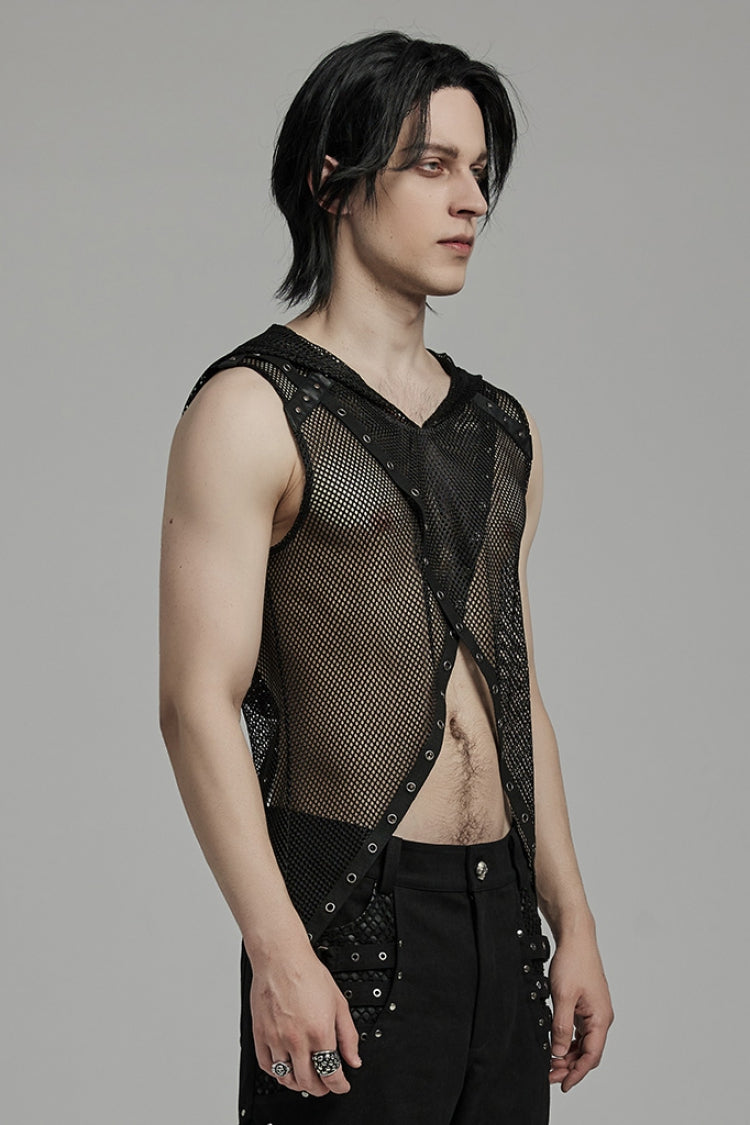 Black Sleeveless Irregular Hooded Mesh Eyelet Men's Punk Vest - Product - 2