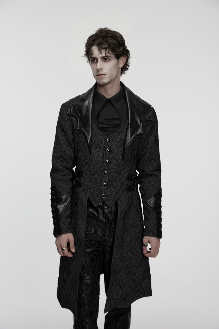 Black Lapel Collar Long Sleeves Jacquard Spliced Lace-Up Slim Buckled Men's Gothic Coat - Product - 6