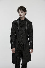 Black Lapel Collar Long Sleeves Jacquard Spliced Lace-Up Slim Buckled Men's Gothic Coat - Product - 6