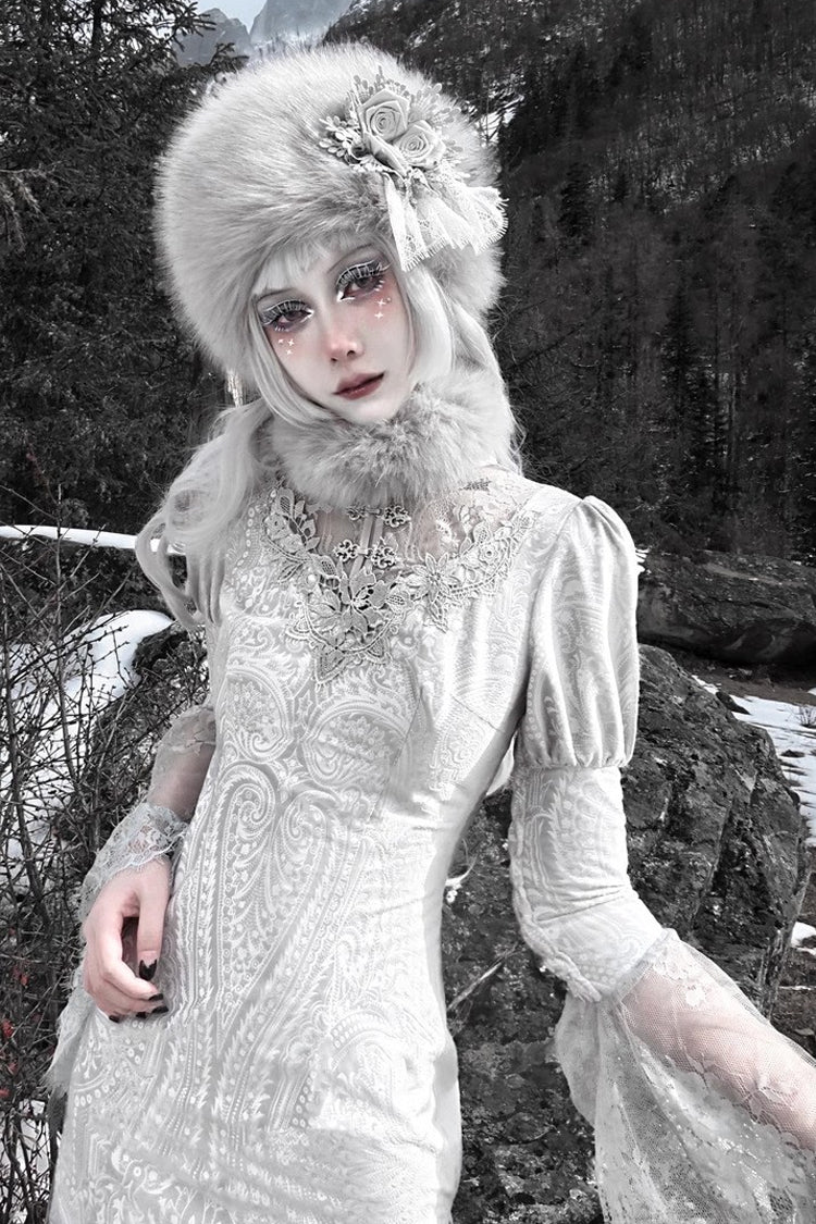 Silver [The Call of the Snow Country] V Collar Long Sleeves High Waisted Ruffle Lace Gothic Lolita Fishtail Dress - Product - 8
