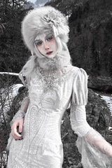 Silver [The Call of the Snow Country] V Collar Long Sleeves High Waisted Ruffle Lace Gothic Lolita Fishtail Dress - Product - 8