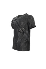 Black Vintage Print Buckle Splice Faux Leather Men's Punk T-Shirt - Product - 7