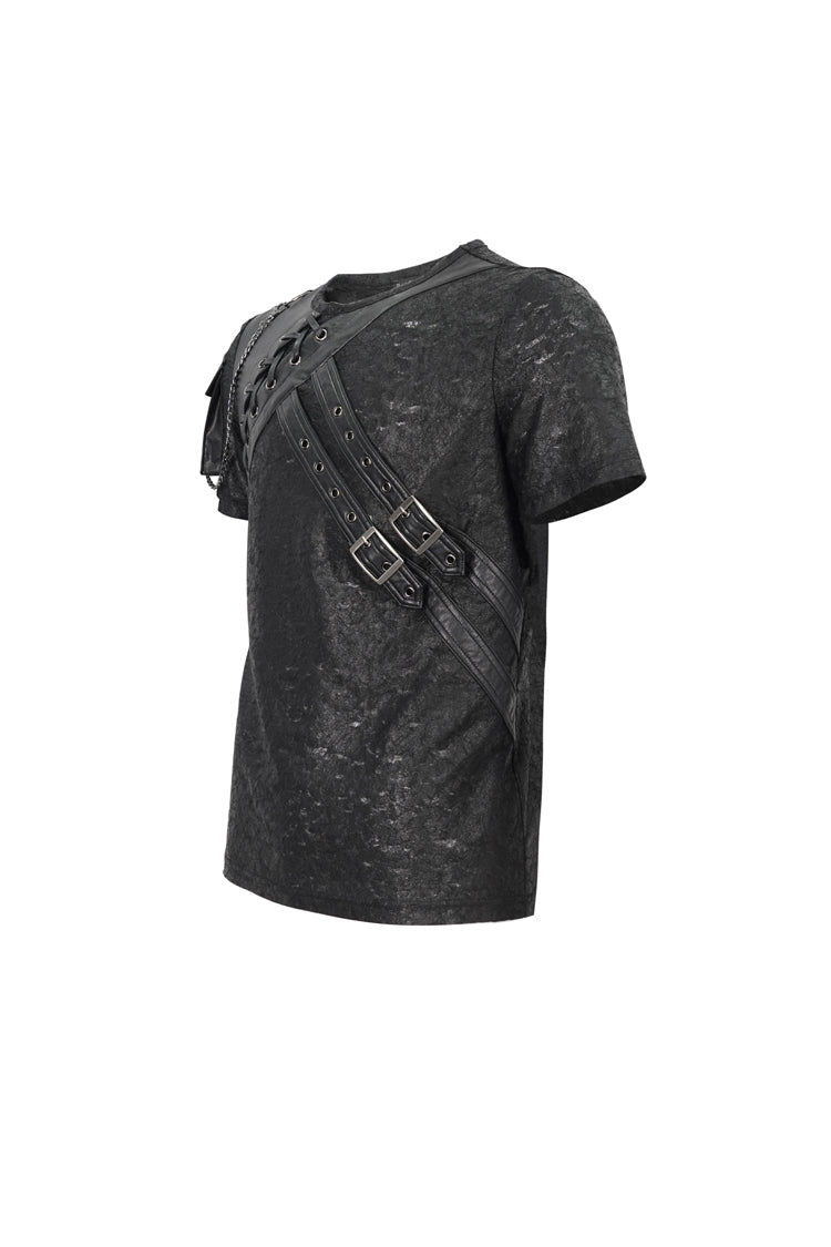 Black Vintage Print Buckle Splice Faux Leather Men's Punk T-Shirt - Product - 7