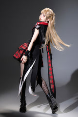Black/Red [Rock Bunny] Sleeveless Double-Layered Embroidery Hooded Punk Lolita Skirt Set - Product - 5