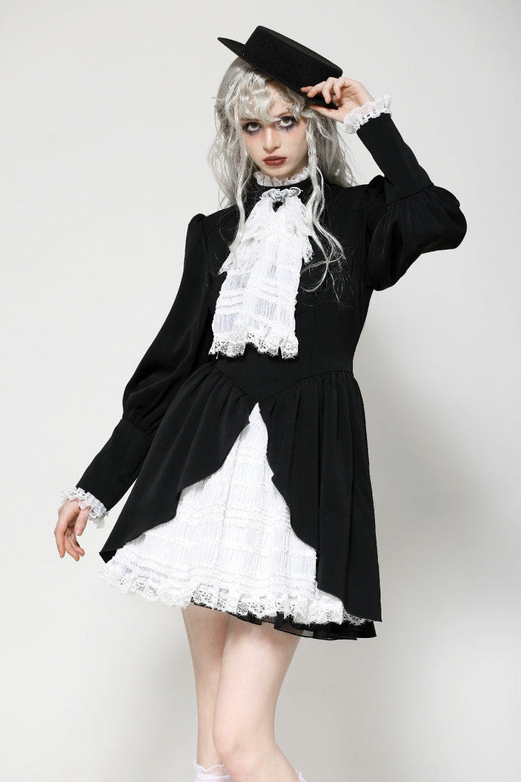 Black/White Pleated Lace Stand Collar Jabot Long Puff Sleeves Women's Gothic Dress - Black/White - 1
