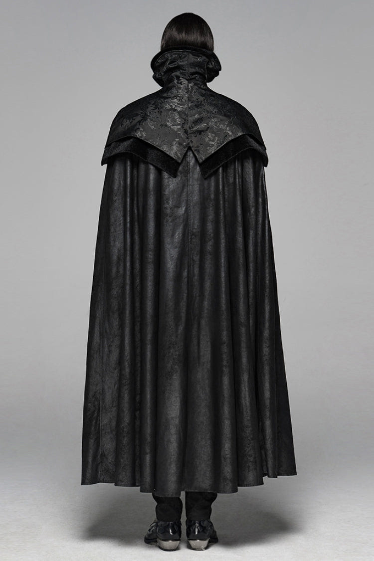Black Jacquard Stand Collar Stitching Metal Retro Buckle Mens Gothic Cloak - Product - 3