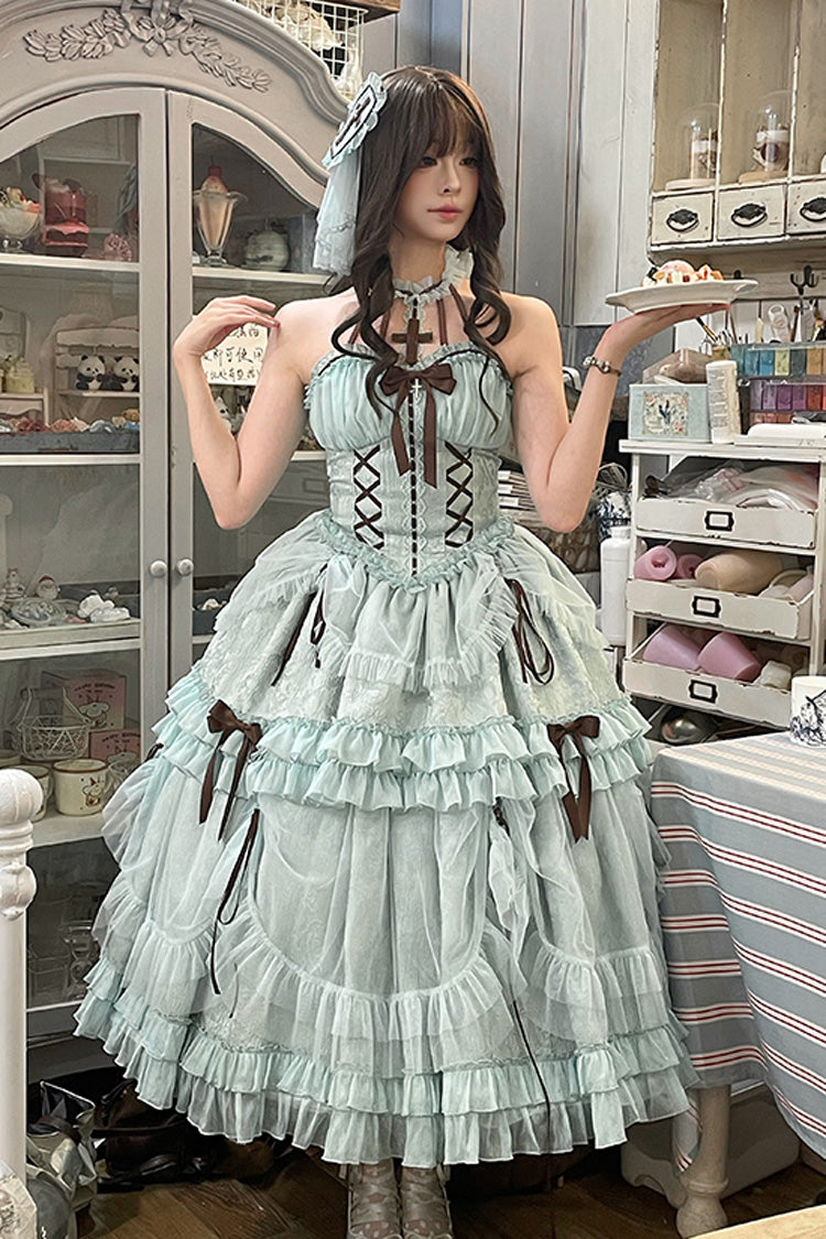 Mint Green Cross Halterneck Ruffle Bowknot Lace Lace-Up Princess Sweet Lolita Dress - Mint Green - 1