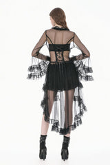 Black Deep-V Ruffled Long Flare Sleeves Sheer Lace Patchwork Lace-Up Women's Gothic Duster - Product - 4
