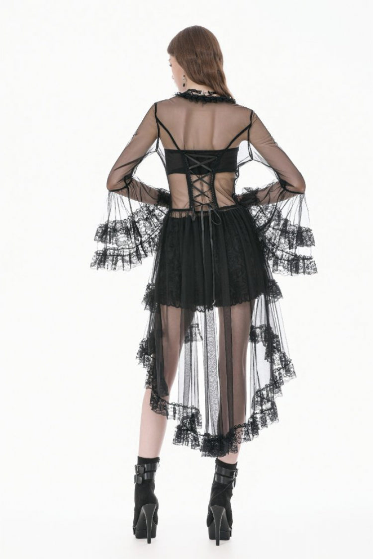 Black Deep-V Ruffled Long Flare Sleeves Sheer Lace Patchwork Lace-Up Women's Gothic Duster - Product - 4