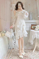 White [Camellia 2.0] Sleeveless Jacquard Ruffle Lace Asymmetric Sweet Chinese Style Fishtail Lolita Jsk Dress - Product - 4