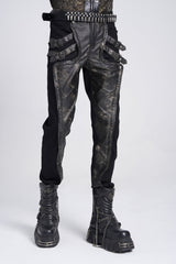 Black/Grey Faux Leather Stitching Buckle Men's Punk Pants - Product - 4