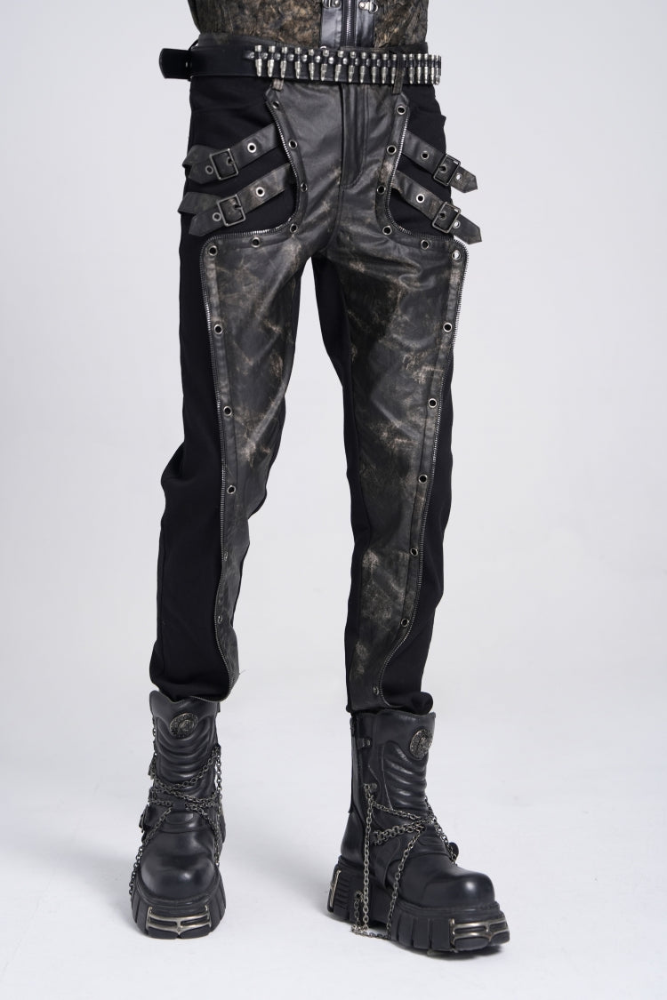 Black/Grey Faux Leather Stitching Buckle Men's Punk Pants - Product - 4