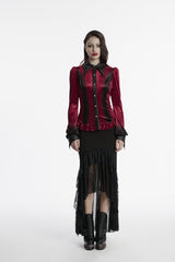 Red Lapel Collar Long Sleeves Lace-Up Slim Women's Gothic Gradient Velvet Blouse - Red - 1