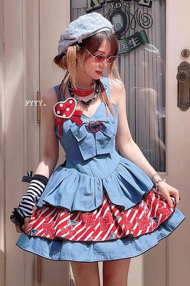 Blue Cherry Sleeveless Triple-Layered Print Ruffle Bowknot Denim Sweet Japanese Vintage (Dress Only) detail view 2
