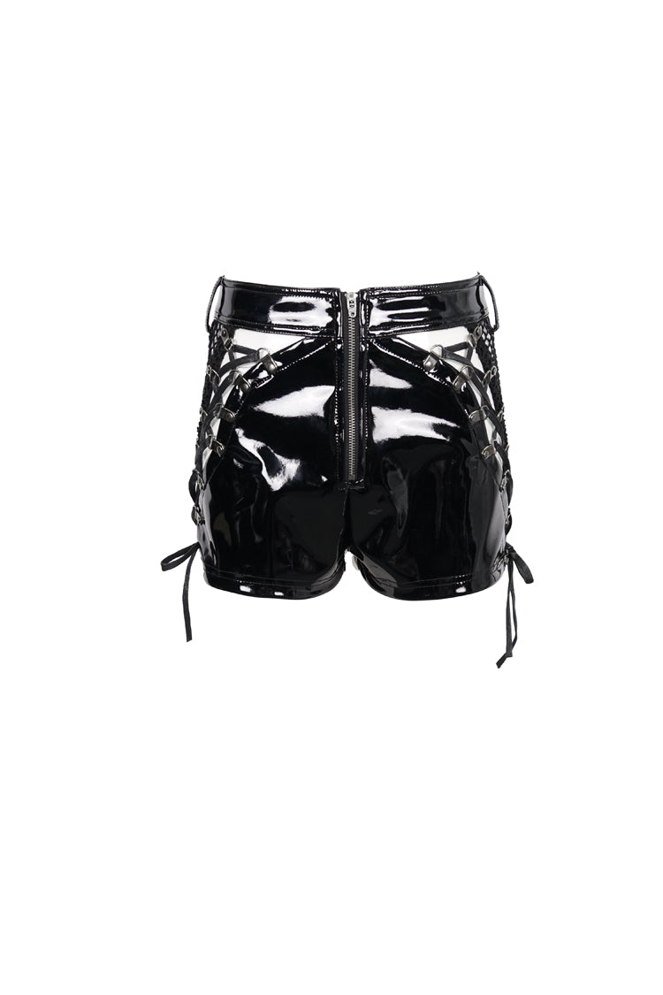Black Stretch Shiny Panel Diamond Mesh Sexy Women's Gothic Shorts - Product - 6
