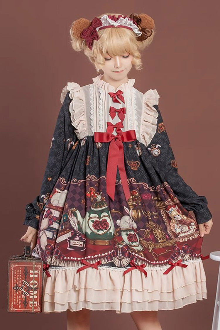[Rabbit and Bear Feast]  Long Sleeves Multi-Layered Print Ruffle Bowknot Sweet Lolita Dress 2 Colors - Product - 6