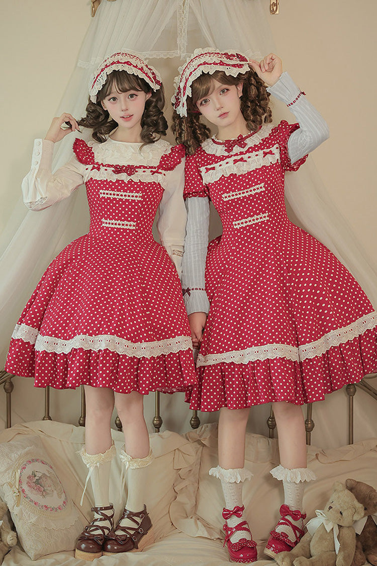 Red [Showa Memoir] Polka Dots Printed Ruffled Bow Sweet Lolita Dress - Red(OP) - 1