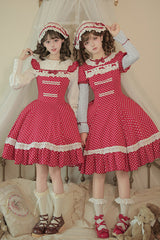 Red [Showa Memoir] Polka Dots Printed Ruffled Bow Sweet Lolita Dress - Red(OP) - 1