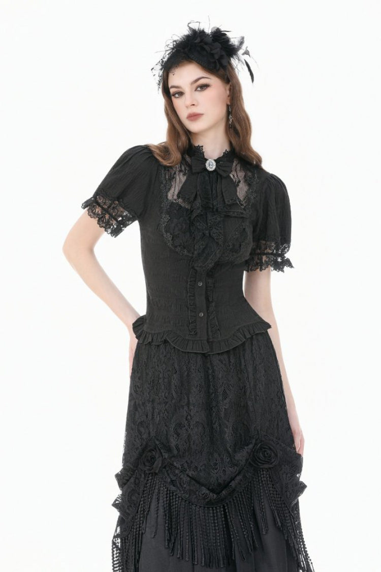 Black Stand Collar Short Puff Sleeves Sheer Lace Lace-Up Women's Gothic Blouse with Detachable Bowknot - Black - 1