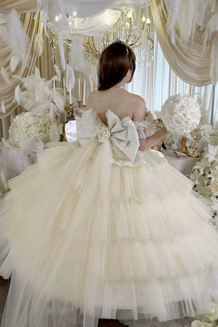 Apricot [Heart’s Beloved Rose] Sleeveless Ruffled Hanayome Bow Lace Lace-Up Sweet Lolita Jsk long Dress - Product - 8