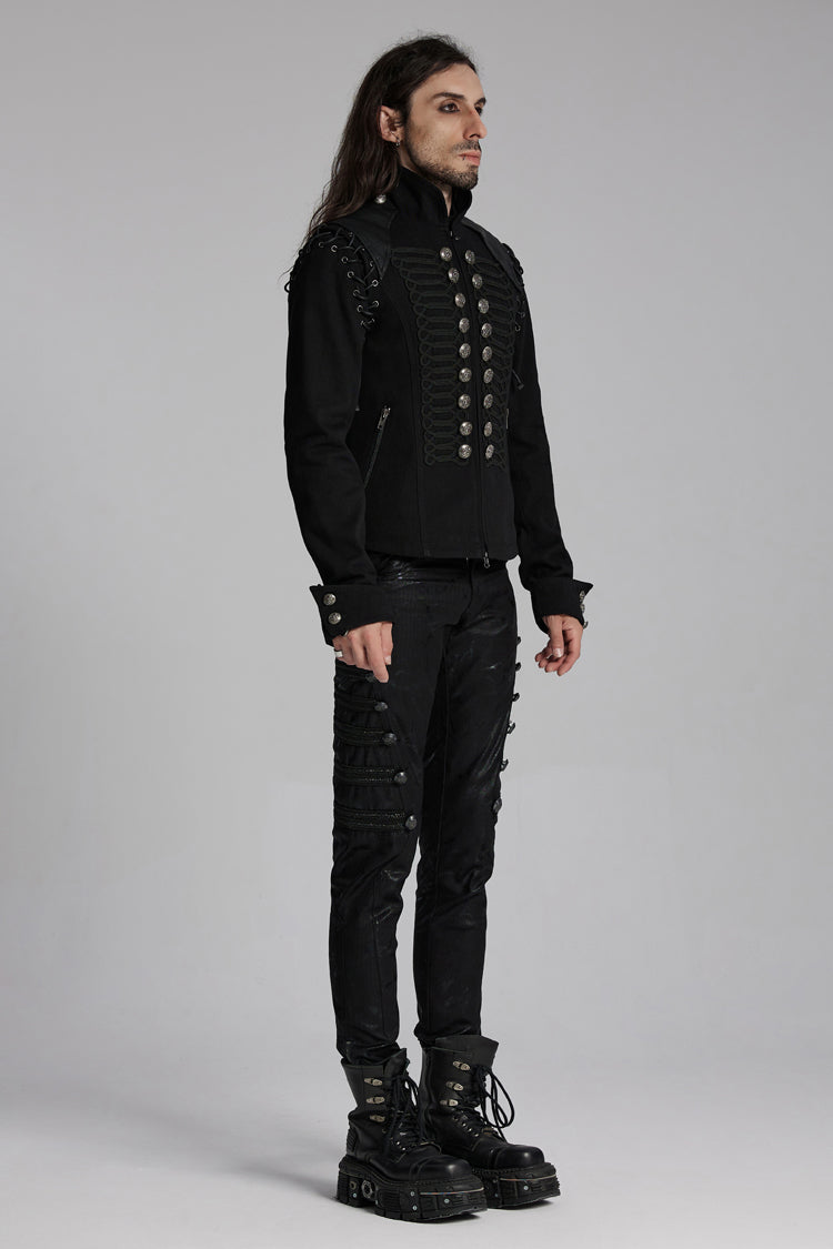 Black/Silver Stand Collar Long Sleeves Lace-Up Buttons Men's Punk Jacket - Product - 5
