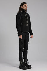 Black/Silver Stand Collar Long Sleeves Lace-Up Buttons Men's Punk Jacket - Product - 5