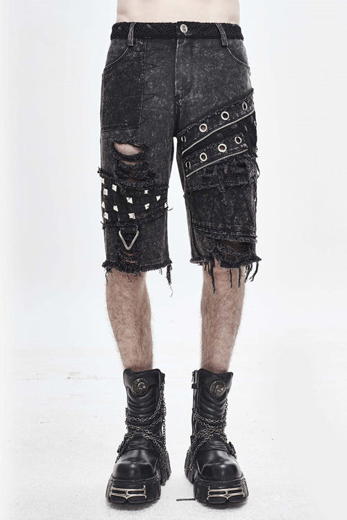 Black Decadence Punk Rock Nailed Ragged Shorts Mens Pants - Black - 1