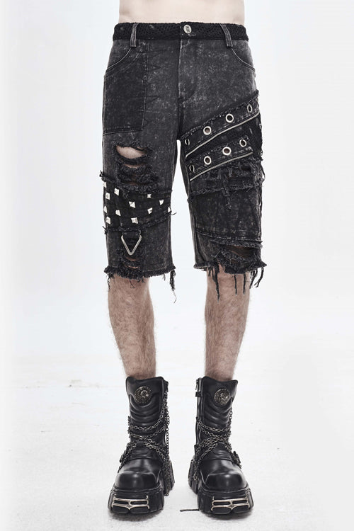 Black Decadence Punk Rock Nailed Ragged Shorts Mens Pants - Black - 1
