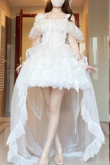 White [Rose Memoirs] Sleeveless Multi-Layered Bowknot Lace Sweet Lolita Skirt Set - White - 1