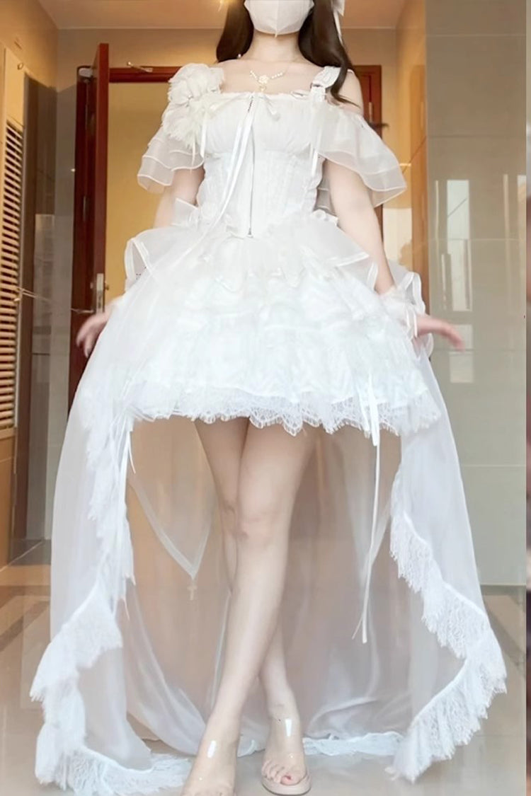 White [Rose Memoirs] Sleeveless Multi-Layered Bowknot Lace Sweet Lolita Skirt Set - White - 1