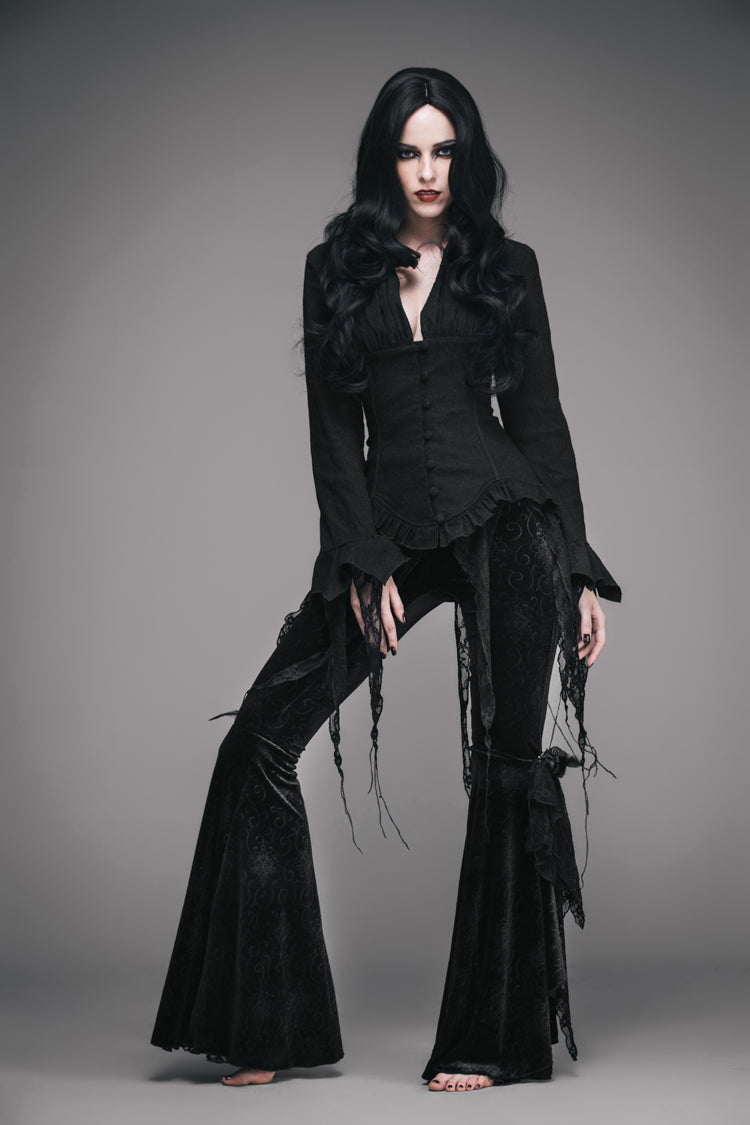 Black Retro Slim Deep V-Neck Tassel Long Sleeve Punk Blouse - Product - 2