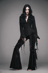 Black Retro Slim Deep V-Neck Tassel Long Sleeve Punk Blouse - Product - 2